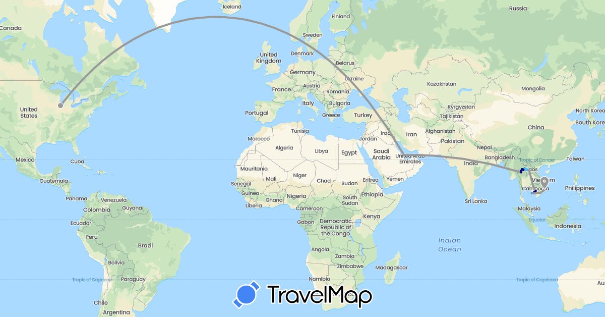 TravelMap itinerary: driving, plane, boat in Cambodia, Laos, Qatar, Thailand, United States, Vietnam (Asia, North America)
